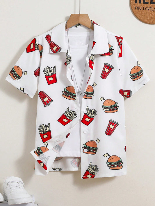 Tween Boy's Hamburger & French Fries Print Single-Breasted Short-Sleeved Shirt