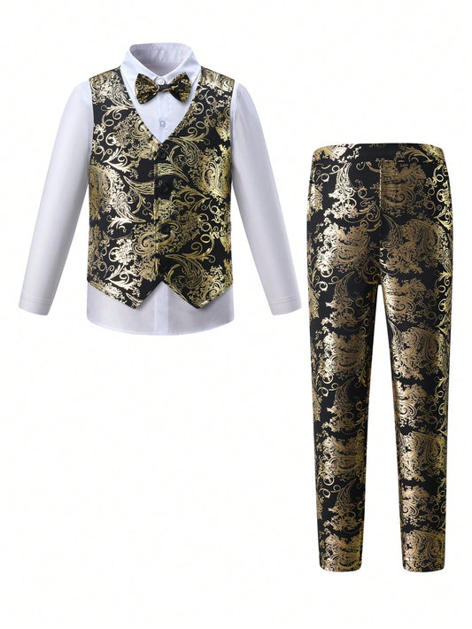 Tween Boy 2pcs Golden Ironed Gentleman Suit, Perfect For Birthday Party, Evening Performances, And Weddings