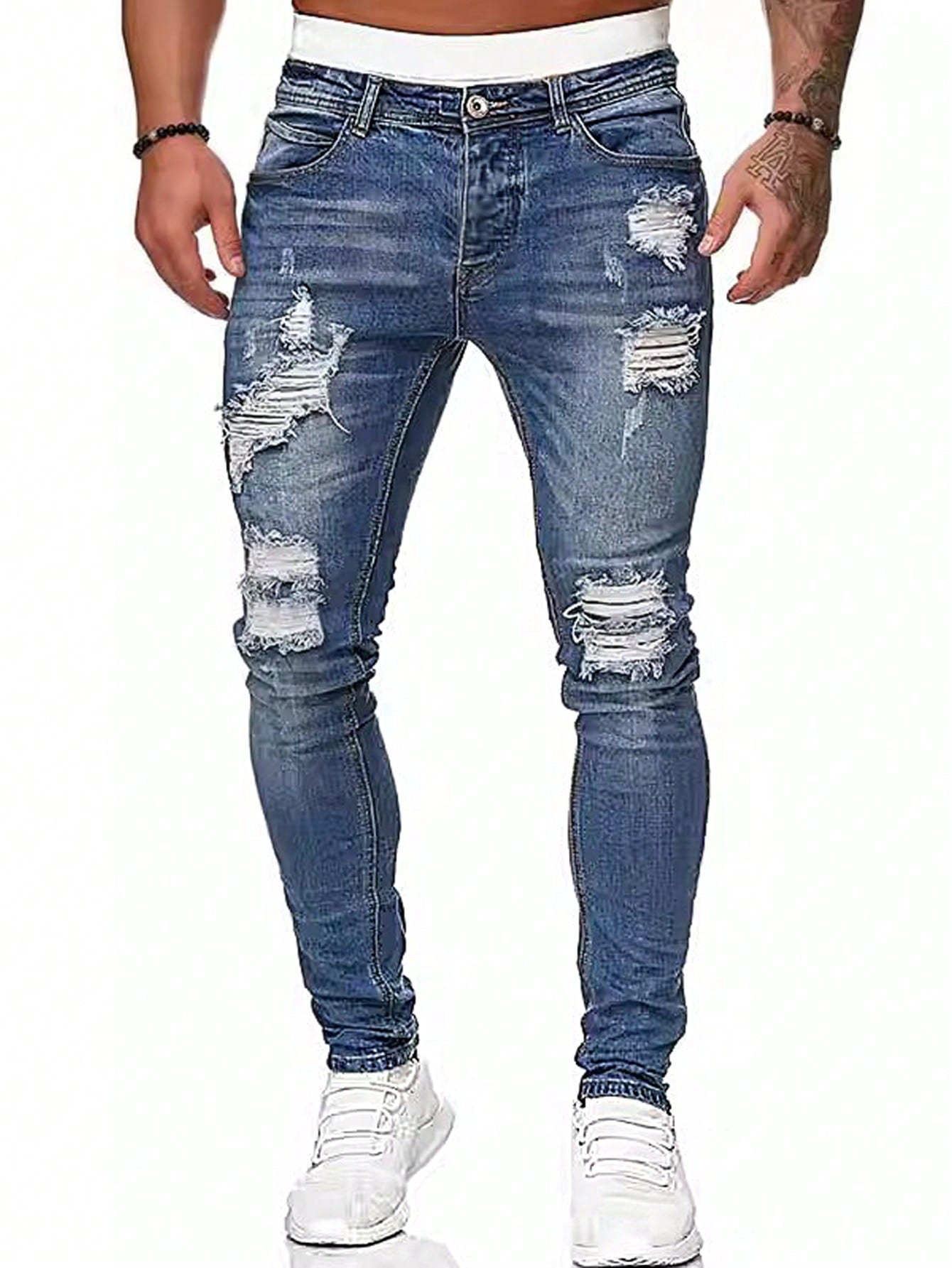 Men Ripped Skinny Jeans Slim Fit Long Dark Wash Jean Cargo Plain Blue Going Out Street Wear Husband