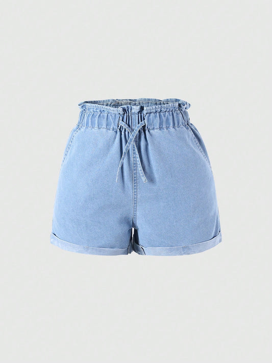 Retrotrend Kids Teenage Girls' Vintage College Style Washed Light Blue Denim Shorts With Elasticated Waistband And Frayed Hem