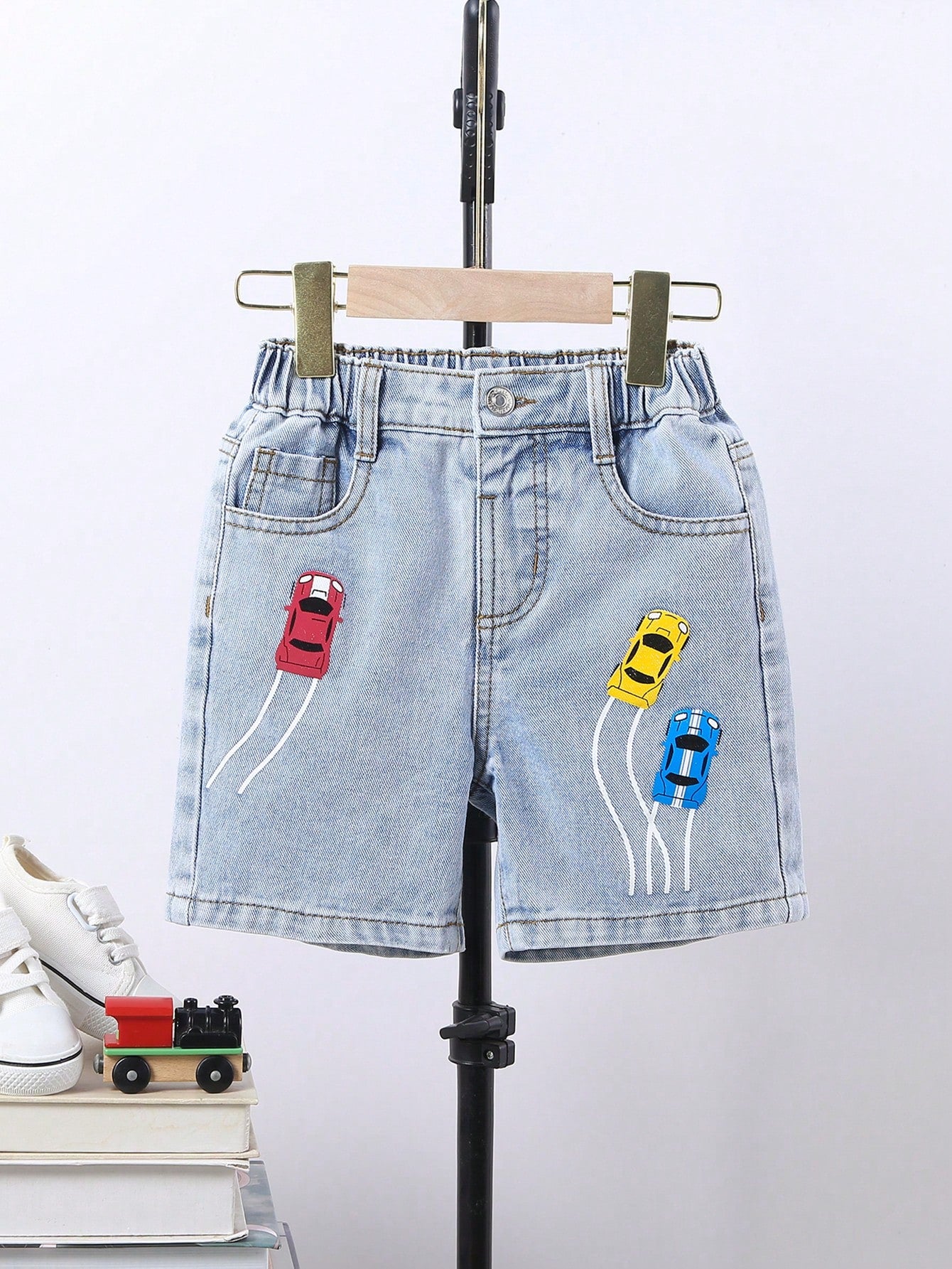 Young Boys' Vintage Street Cool Cute Car Print Casual Comfortable Washed Light Blue Denim Shorts