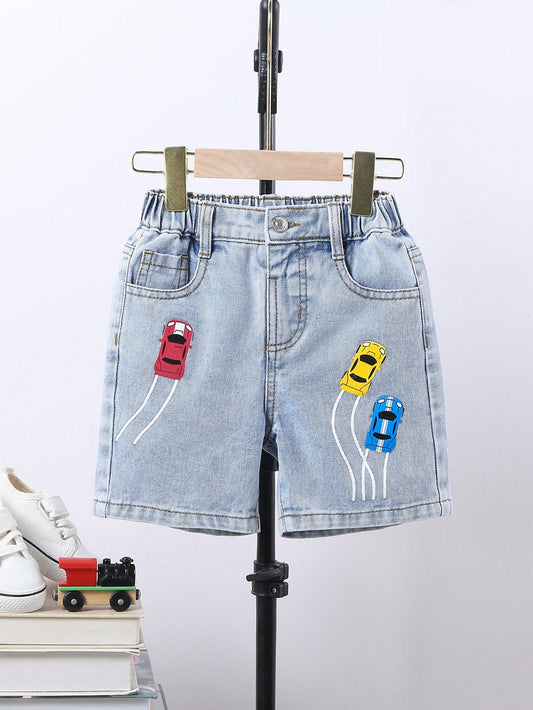 Young Boys' Vintage Street Cool Cute Car Print Casual Comfortable Washed Light Blue Denim Shorts