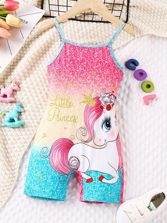 Young Girls' Lovely Cartoon Little Horse & Dopamine Design Simple Style Cami Jumpsuit