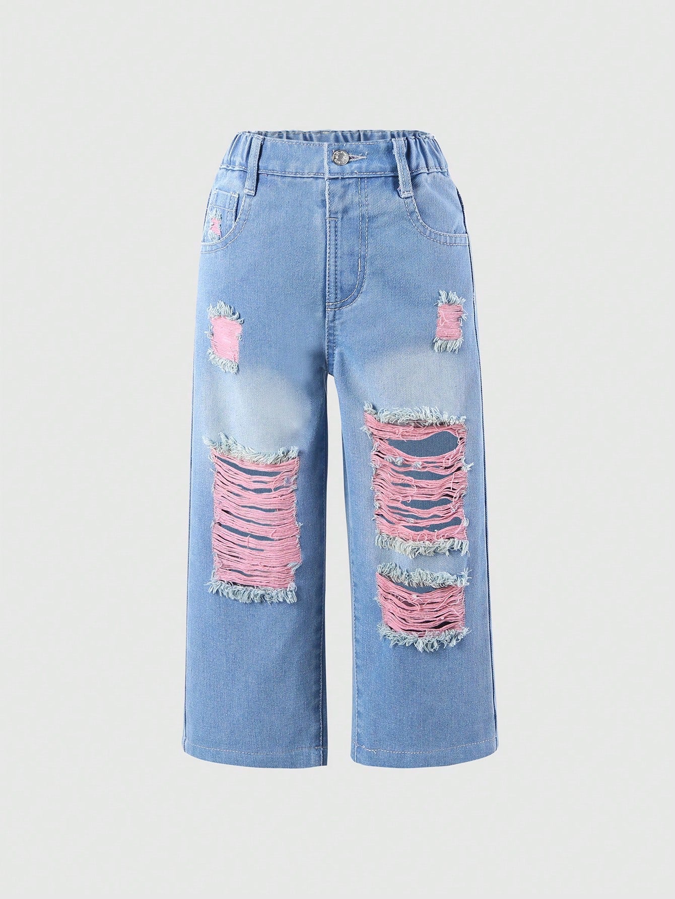 Streecool Kids Young Girls' Vintage & Trendy Street Style Broken Hole & Color Block Wide Leg Jeans With Pink Yarn Detail