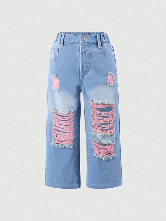 Streecool Kids Young Girls' Vintage & Trendy Street Style Broken Hole & Color Block Wide Leg Jeans With Pink Yarn Detail