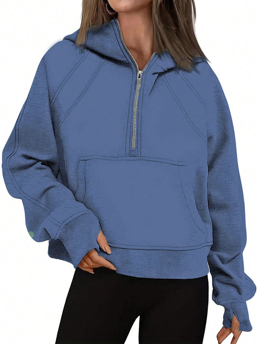 Women's Zipper Half Placket Raglan Long Sleeve Hoodie