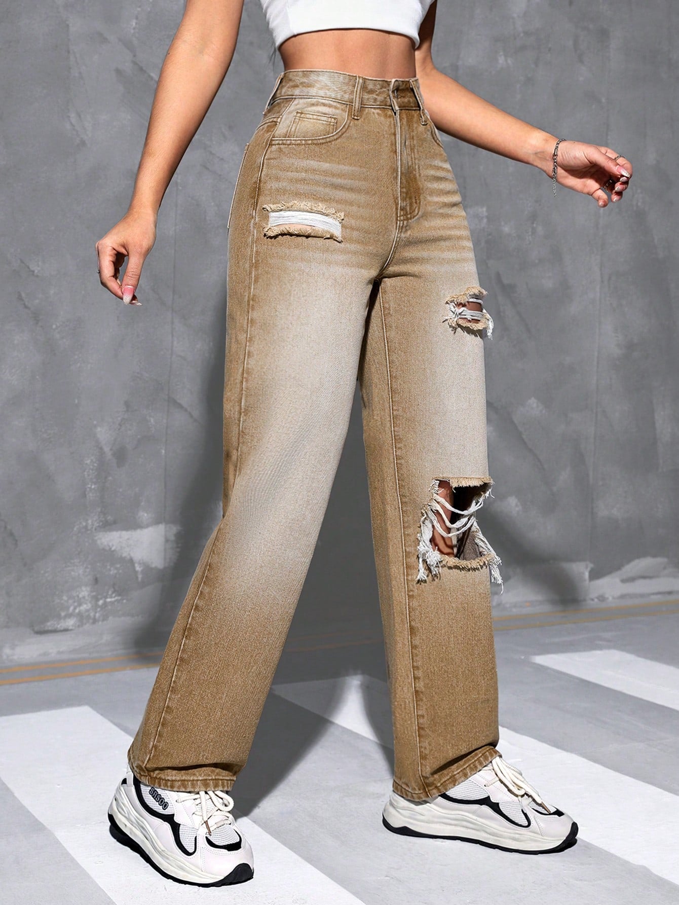 High Waist Cut Out Ripped Frayed Straight Leg Jeans