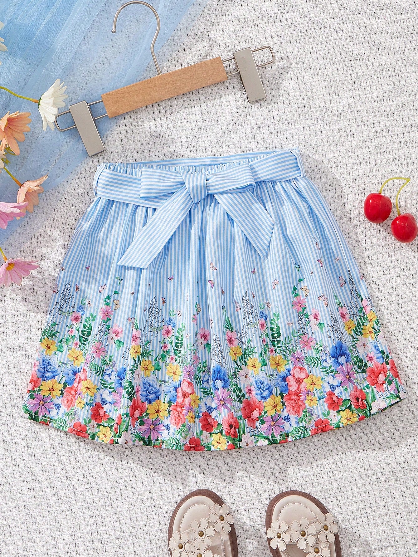 Young Girls' Casual Spring/Summer Floral & Striped A-Line Skirt