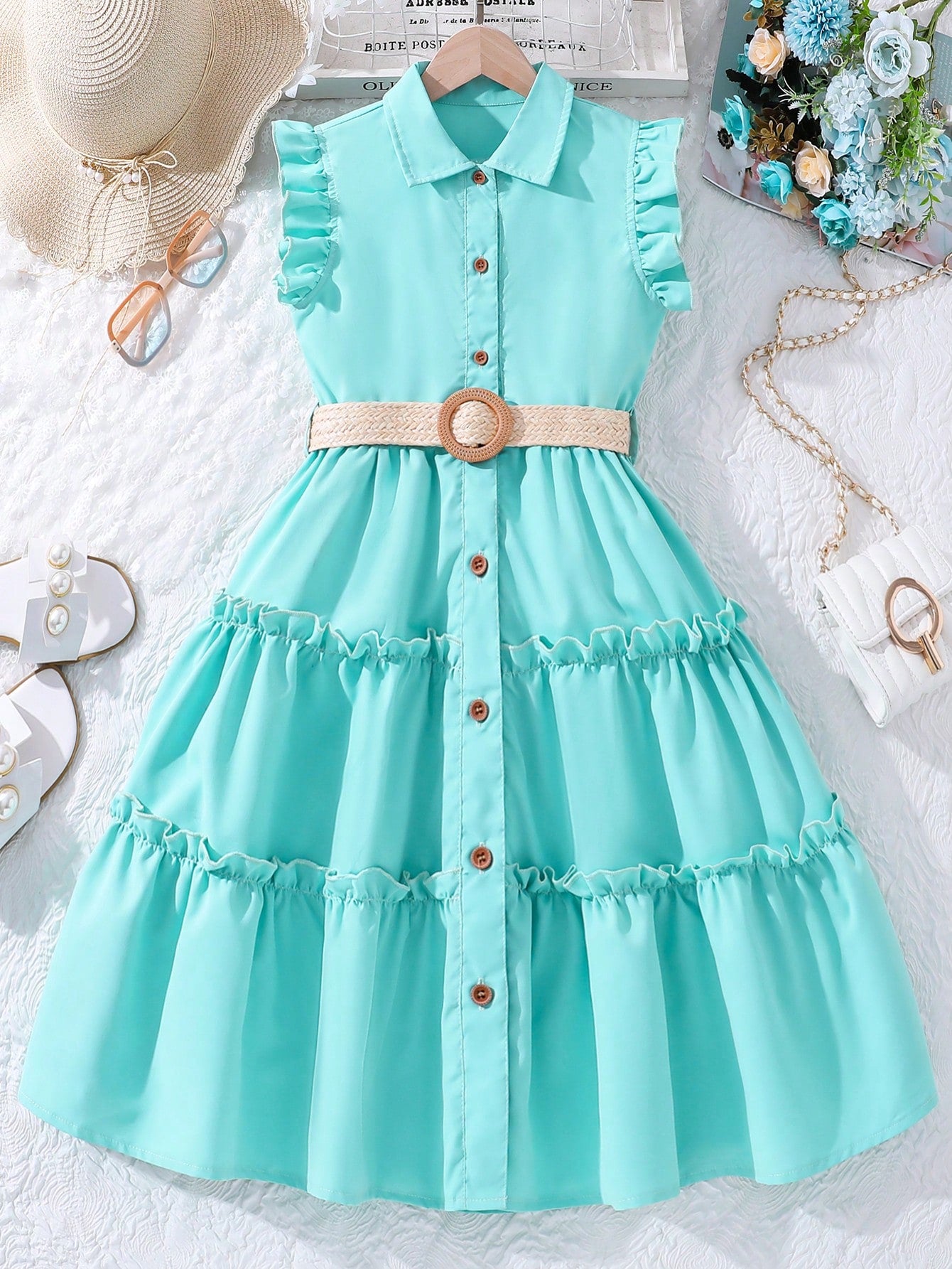 Tween Girl's Turn-Down Collar Mid-Length Dress With Woven Waist Belt