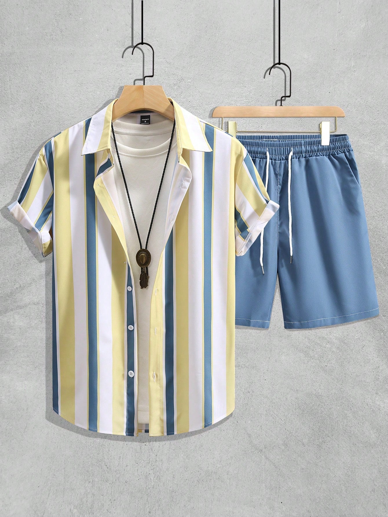 Men Striped Shirt & Drawstring Waist Shorts Without Tee