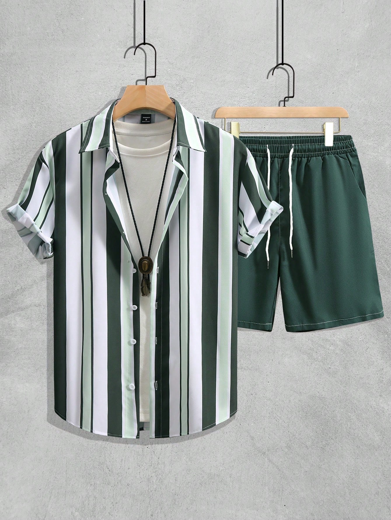 Men Striped Shirt & Drawstring Waist Shorts Without Tee