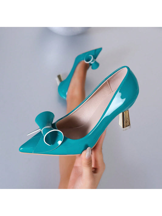 European And American Style Sexy Bow Knot Pointed Toe Shoes For Women In Spring And Autumn, With High&Chunky Heels