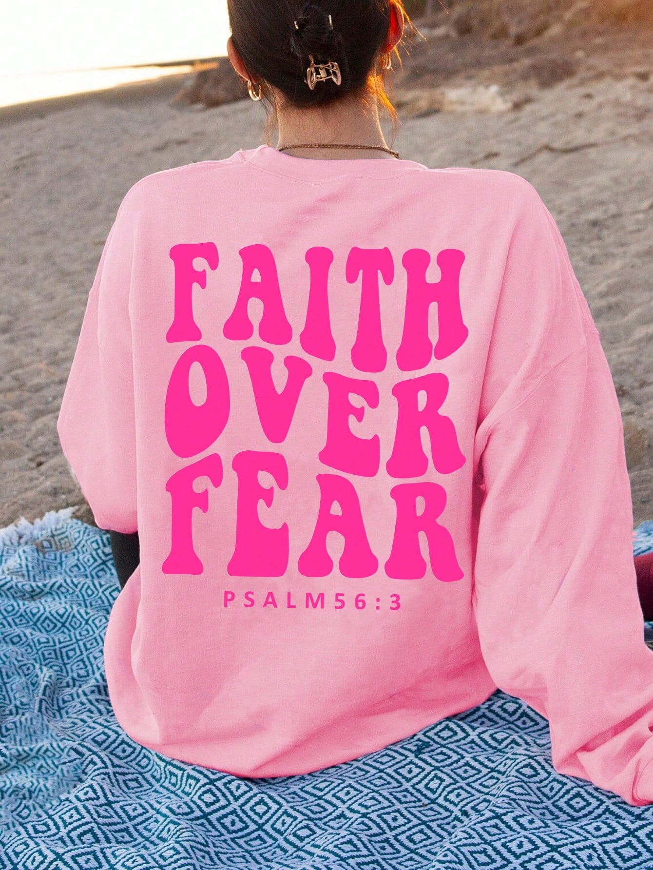 Women's Letter Print Drop Shoulder Sweatshirt FAITH OVER FEAR PSALM 56: 3