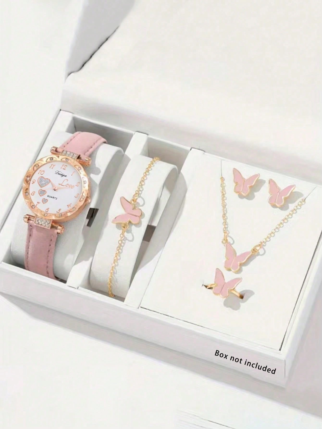 6pcs/Set Girls' Watchluxury Rhinestone Quartz Watch, Pink Gradient Analog Watch & Butterfly Jewelry Set - Gift For Kids