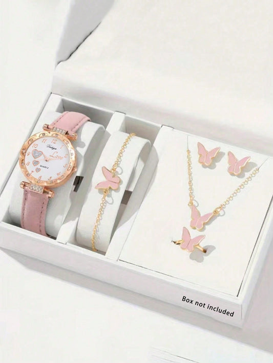 6pcs Girls' Watch & Butterfly Jewelry Set, Rhinestone Quartz Watch, Gift For Kids