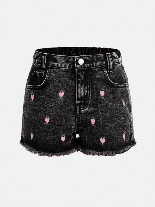 Tween Girls' Washed Casual Fashionable Heart Embroidered Denim Shorts