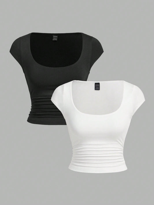 2pcs/Set Black And White Square Neck Bodycon Casual Waist-Ruched Short Sleeve Women's T-Shirt