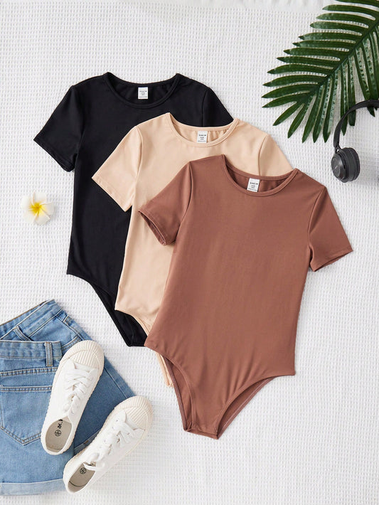 Tween Girls' Solid Color Round Neck Casual Bodysuit Set Of 3