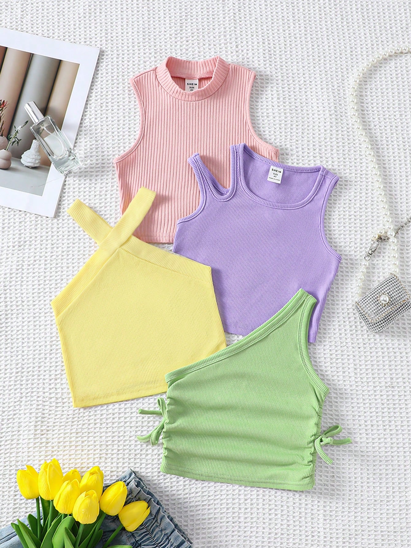 Young Girl Knitted Sleeveless Top & Shorts Set, , Solid Color, 4pcs/Set