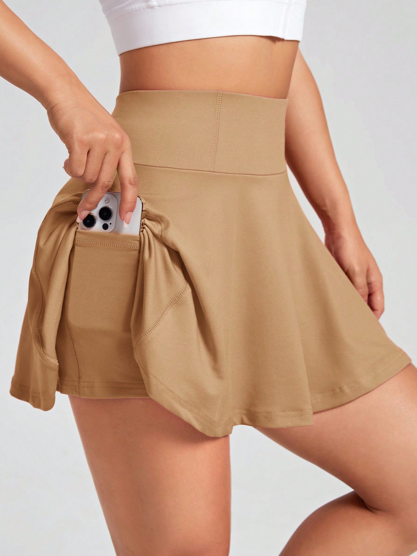 Solid Wideband Waist Skirt With Phone Pocket