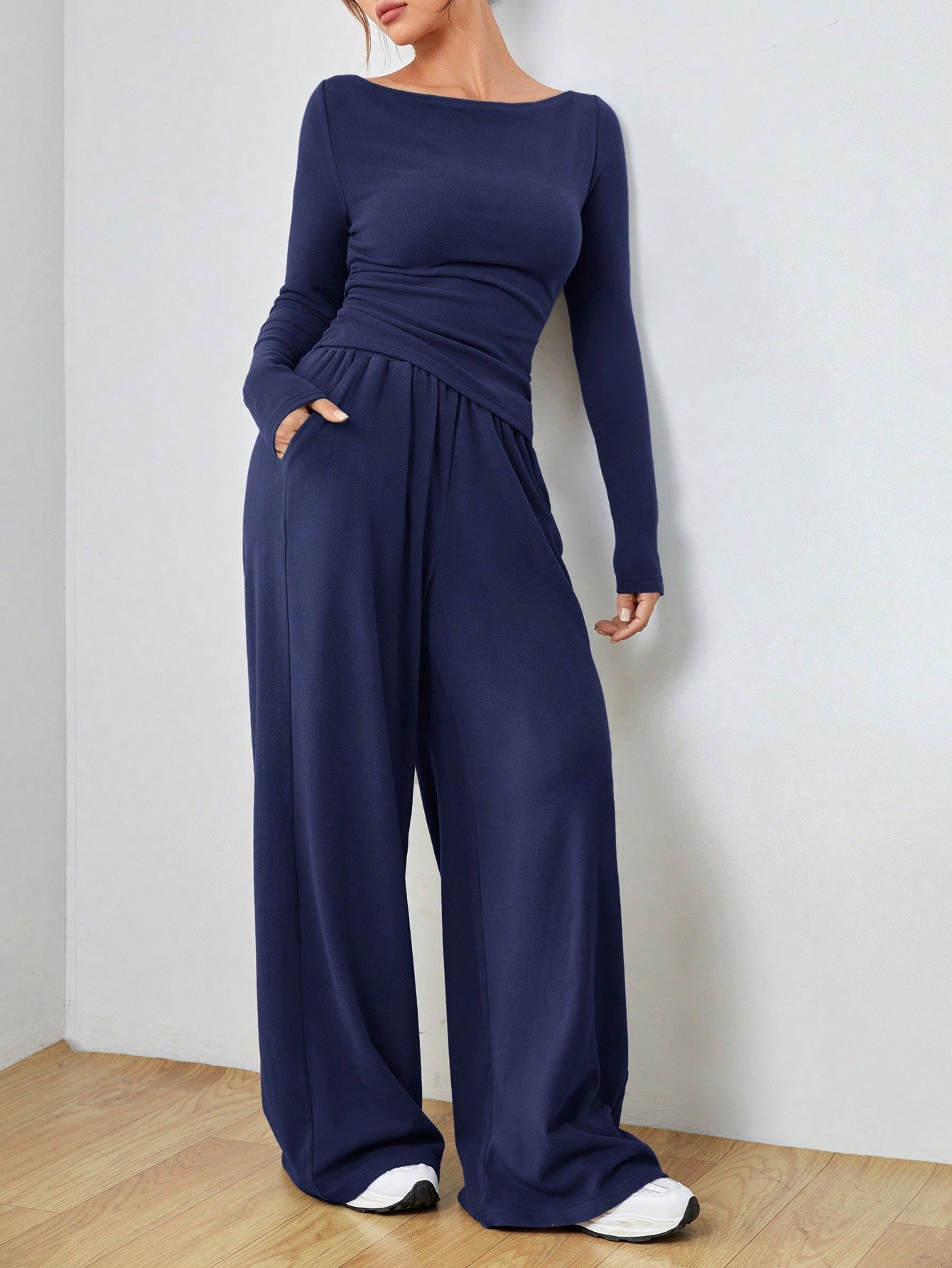 Knitted Women's Slim Fit Boat Neck Long Sleeve Top And Wide Leg Pants Set