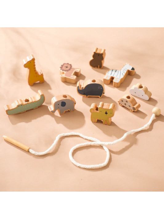 1 Set Baby Animal Threading Toys, Including 1pc Animal-Shaped Threading Board, Made Of Wooden Material, Suitable For Preschool Educational Threading Toy