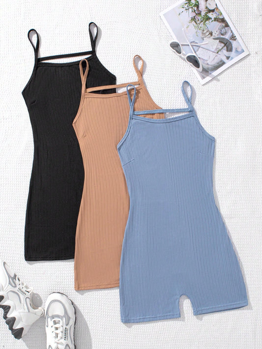 Teen Girl 3pcs Solid Color Cami Romper