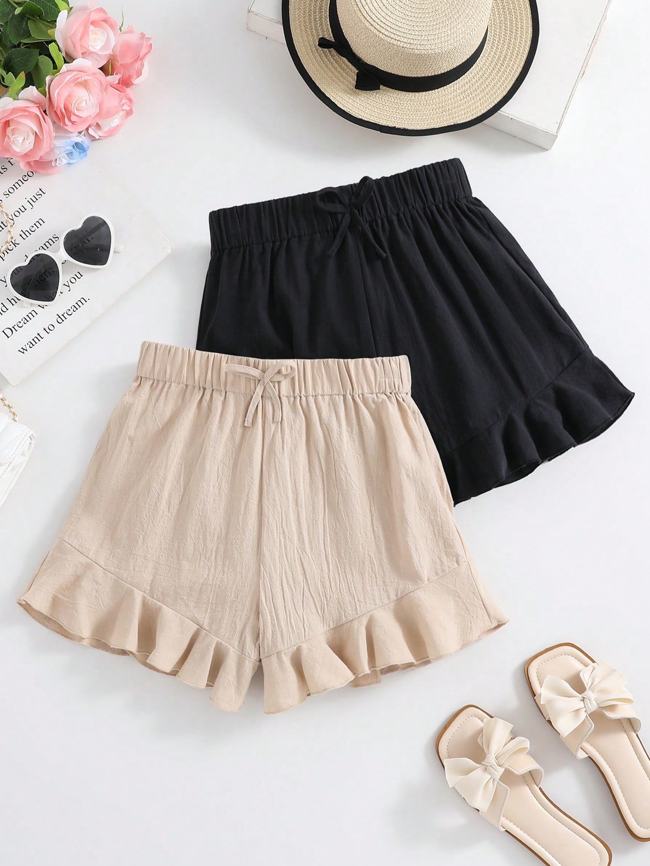 Kids Solid Color Ruffle Hem Shorts For Teen Girls