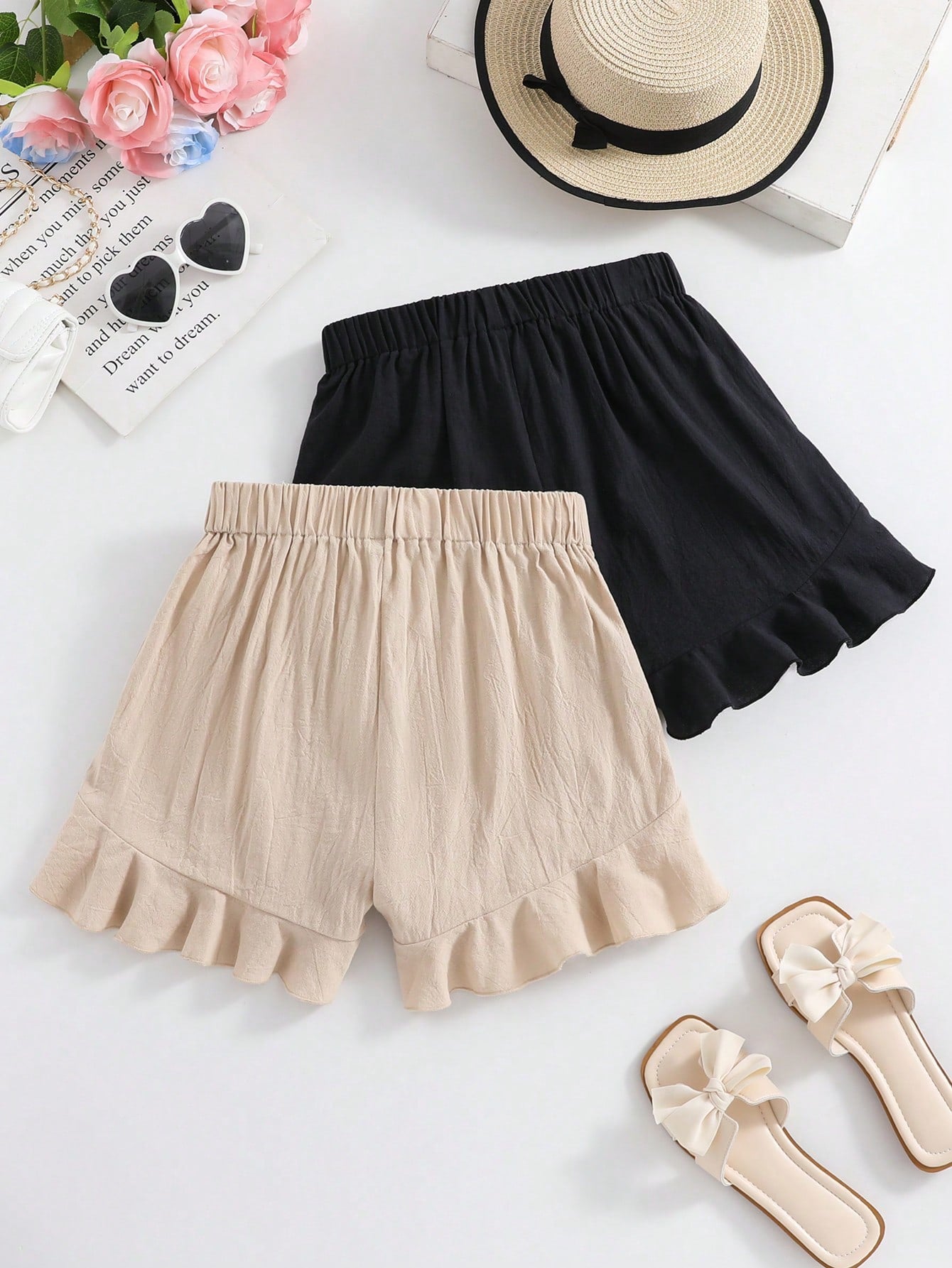 Kids Solid Color Ruffle Hem Shorts For Teen Girls