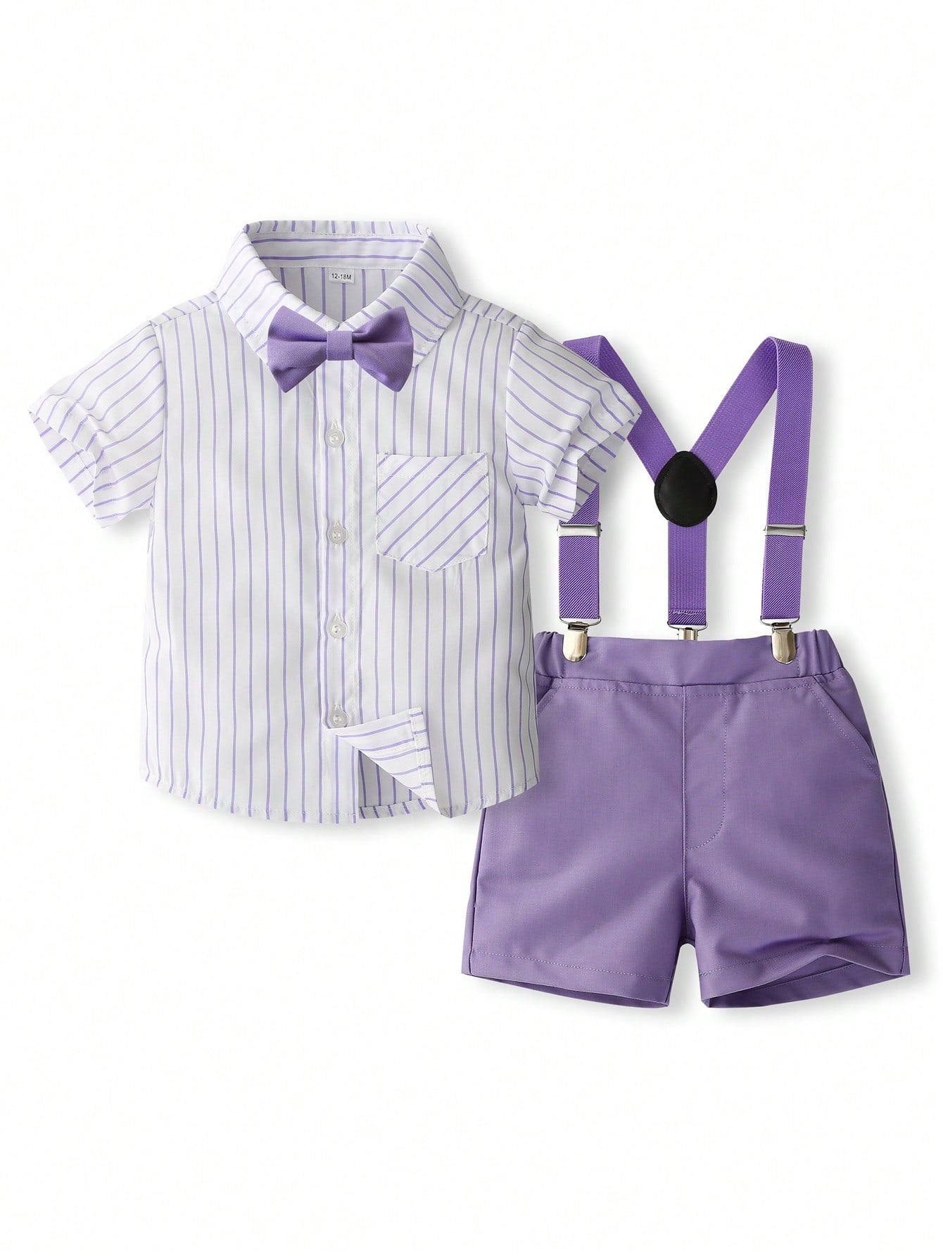 Young Boy Summer Outfits, Short Sleeved Striped Shirt, Suspenders, Pants, Bow Tie, Gentleman Style