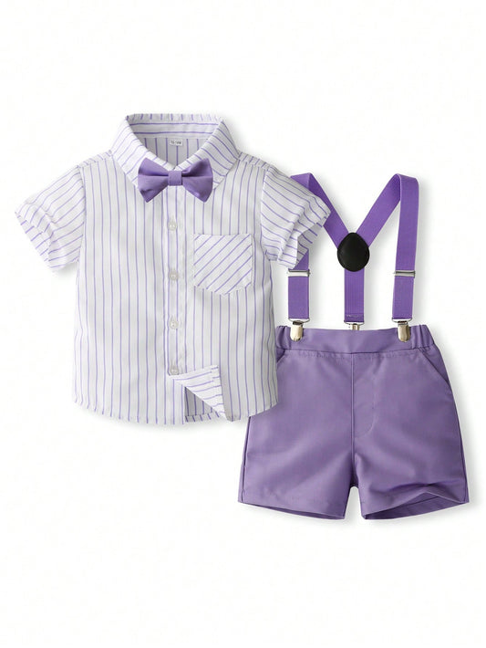 Young Boy Summer Suit, Short Sleeve Striped Shirt, Suspender Shorts, Bowtie, Gentleman Party Dress