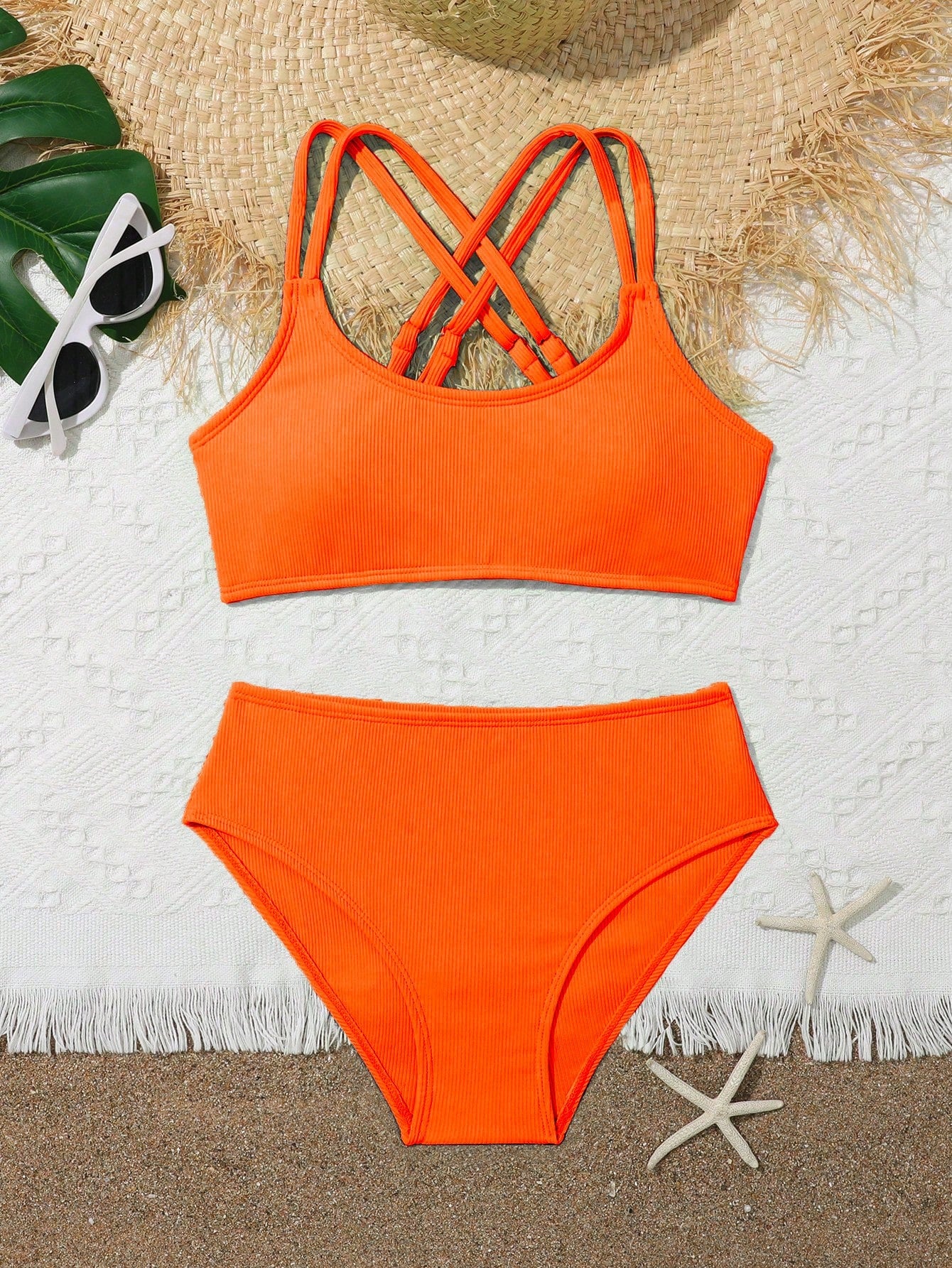 Tween Girl Bikini Set Two Pieces Shoulder Strap Crisscross Ribbed Swimwear Spring Summer Fluorescent Color Split Swimwear Summer Beach