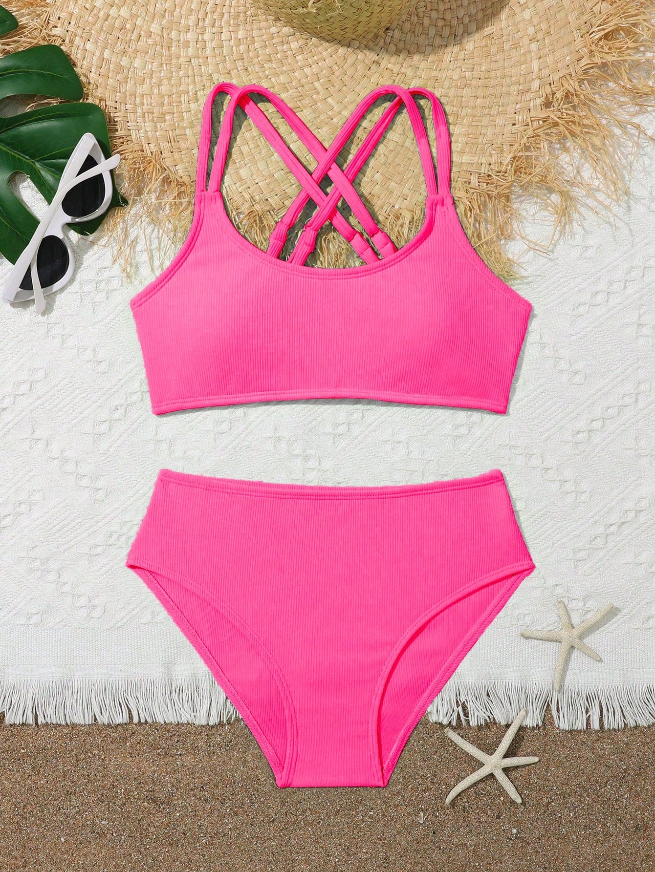 Tween Girl Summer Beach Two-Piece Ribbed Criss-Cross Shoulder Strap Bikini Set Bathing Suit