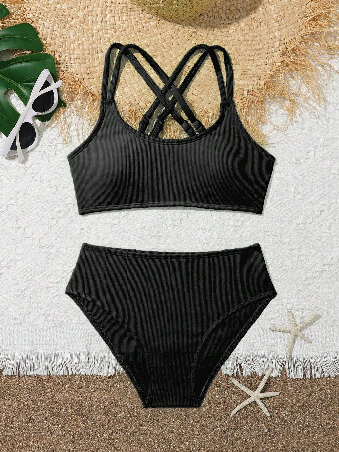 Tween Girl Summer Beach Two-Piece Ribbed Criss-Cross Shoulder Strap Bikini Set Bathing Suit