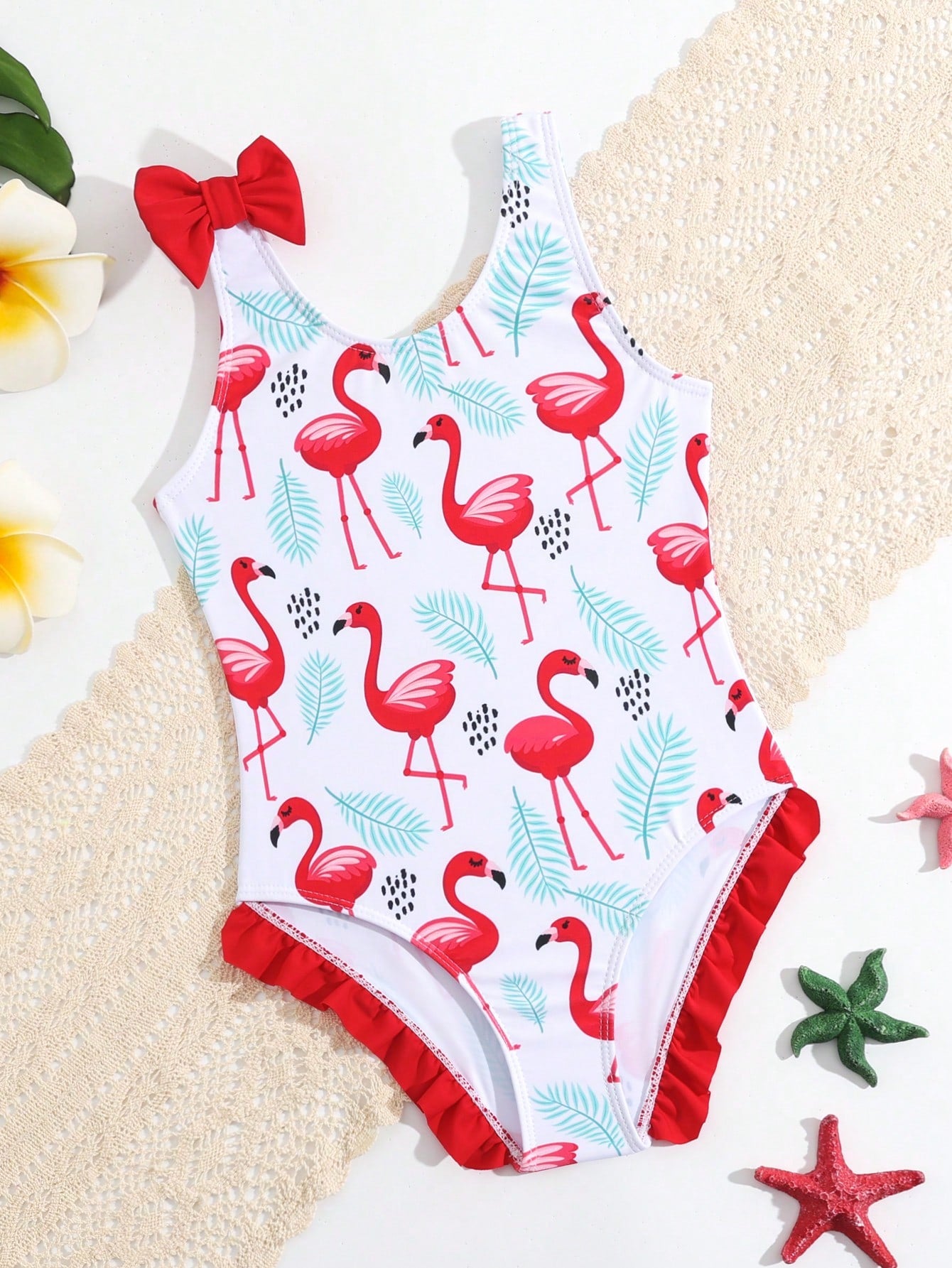 Young Girl Flamingo Print Ruffle Trim One Piece Swimsuit