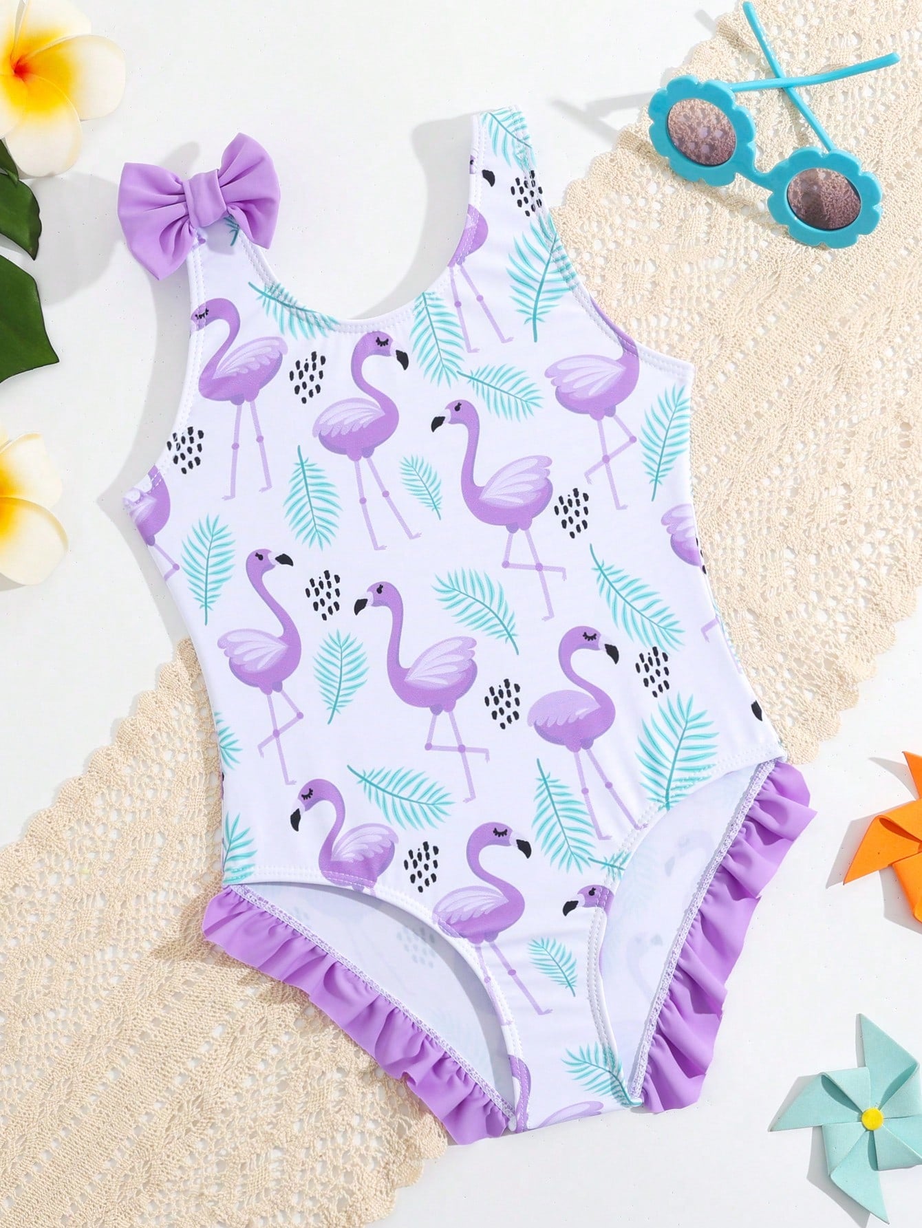 Young Girl Flamingo Print Ruffle Trim One Piece Swimsuit