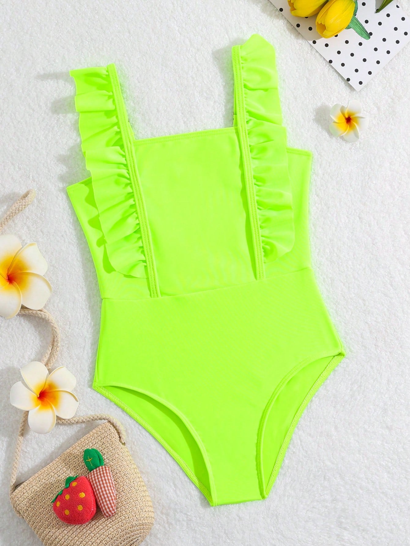 Young Girl Summer Beach Ruffle Trim Neon One-Piece Swimsuit Bathing Suit