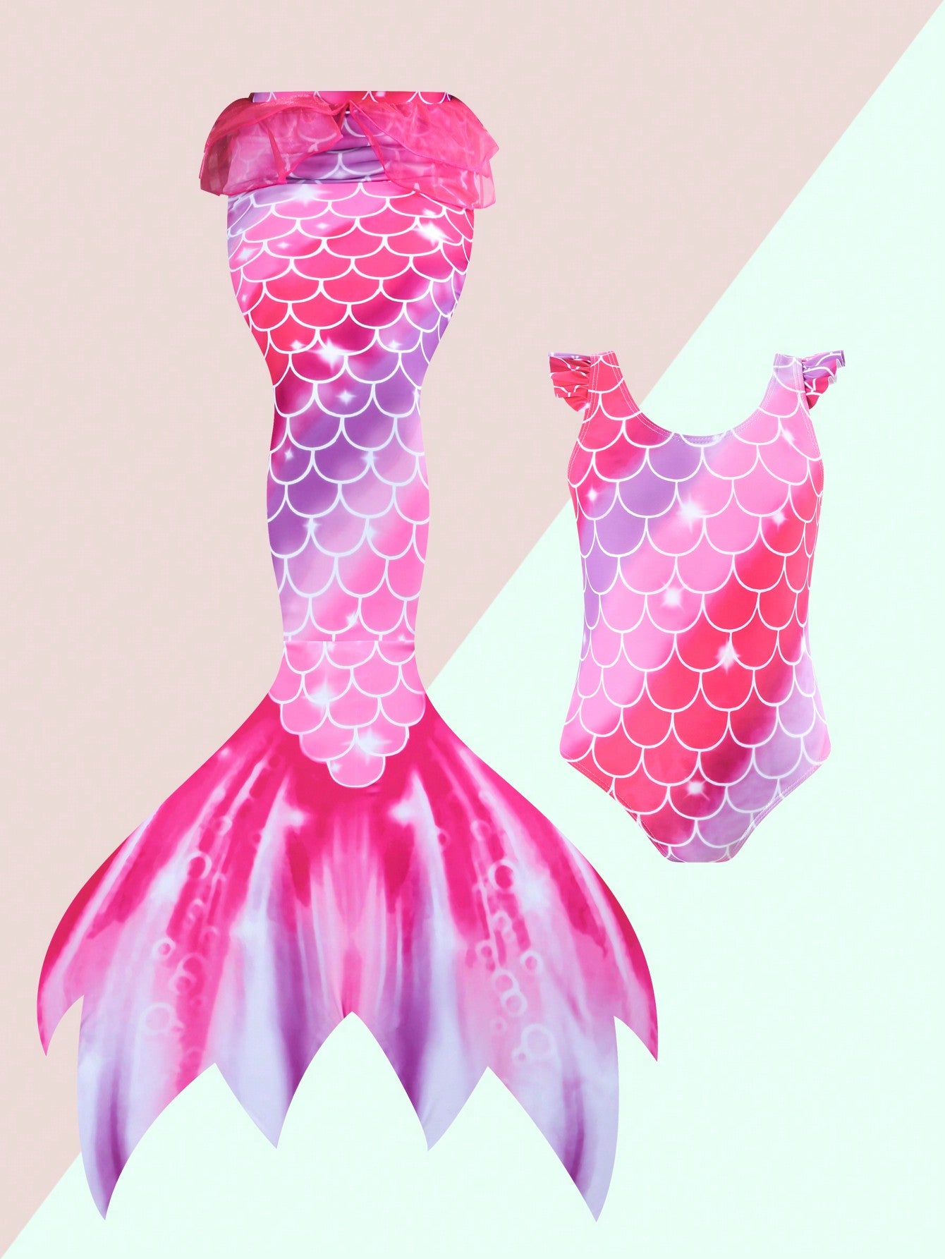 Young Girls' Mermaid Scale Printed One-Piece Swimsuit With Tail