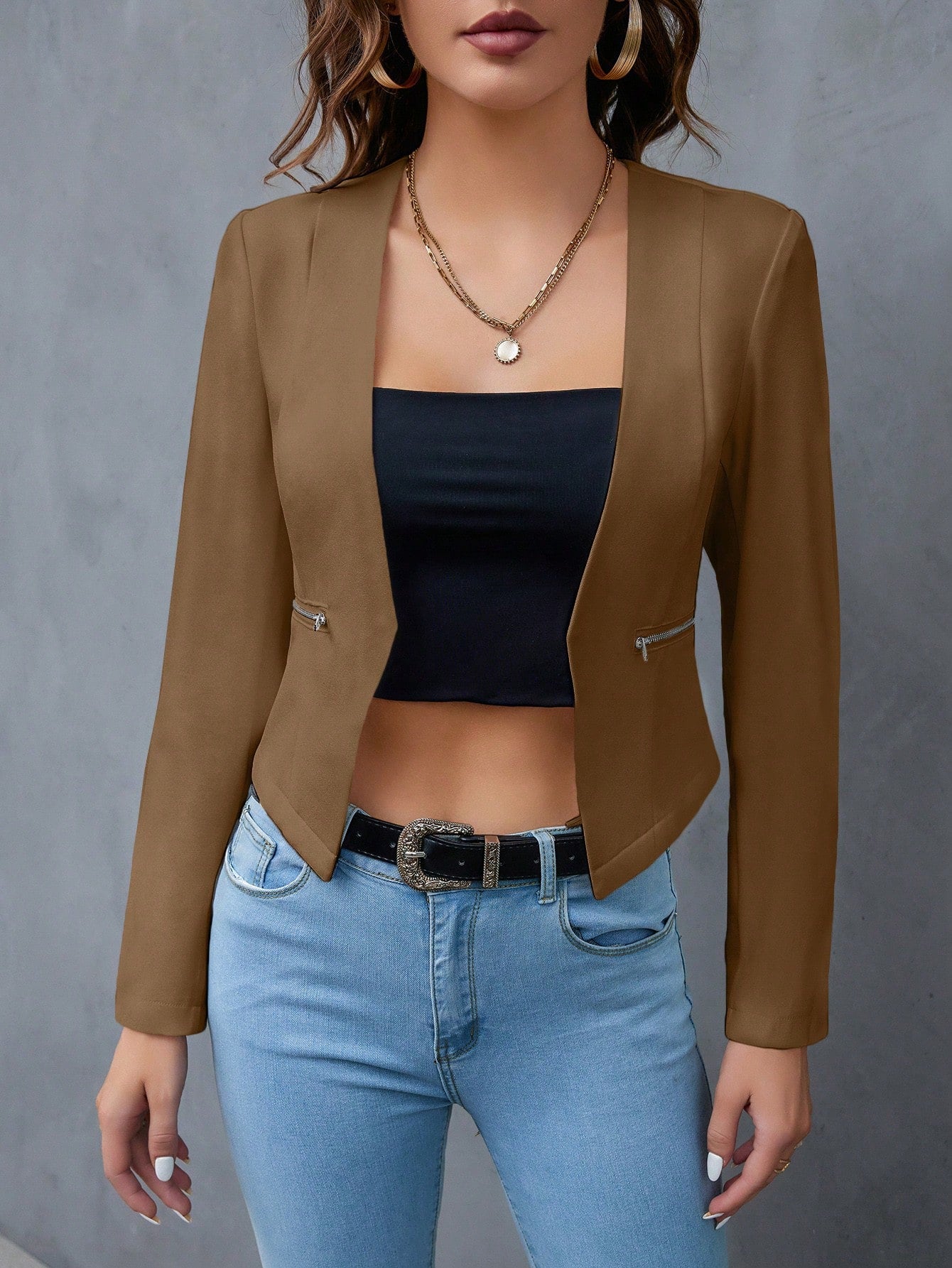 Solid Open Front Work Women Crop Blazer