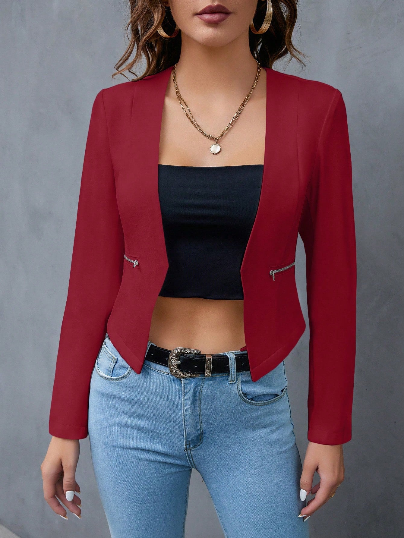 Solid Open Front Work Women Crop Blazer