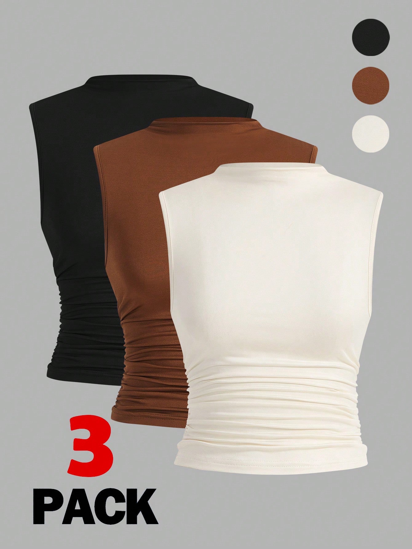 Plus Size 3-Pack Summer Basic Solid Color Tight Tank Top With Small Stand Collar And Pleated Detailing