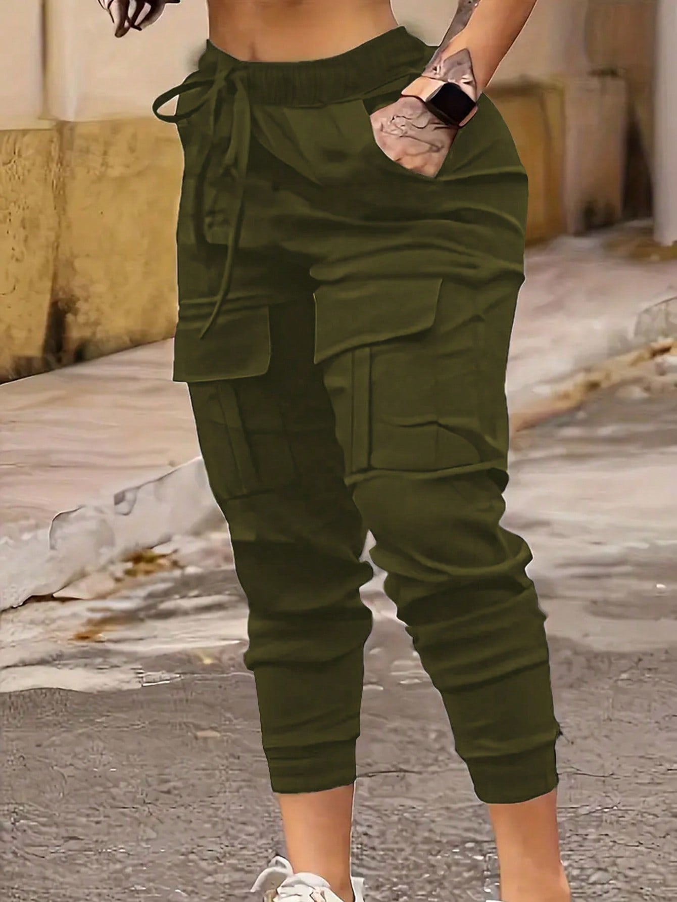 Plus Size Solid Color High Waist Cuffed Cargo Pants