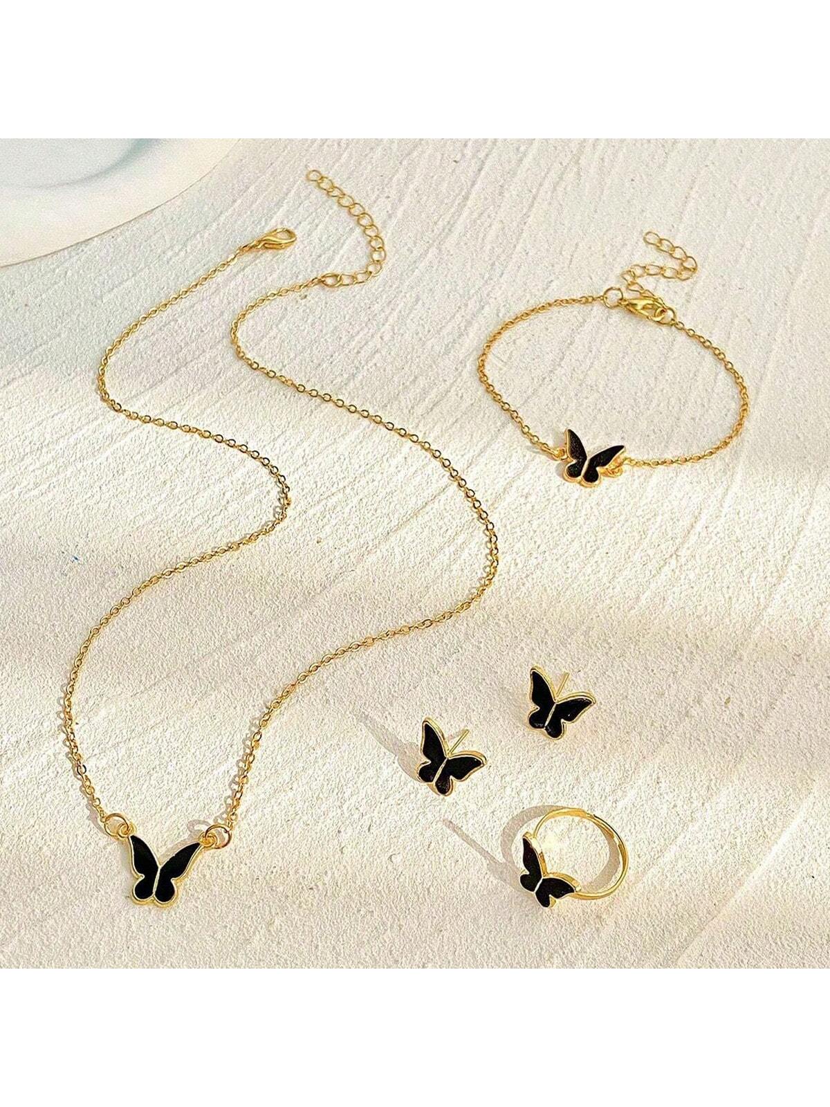 4pcs/Set European And American Style Fashionable Oil Drip Black Butterfly Necklace, Earrings, Ring, Bracelet