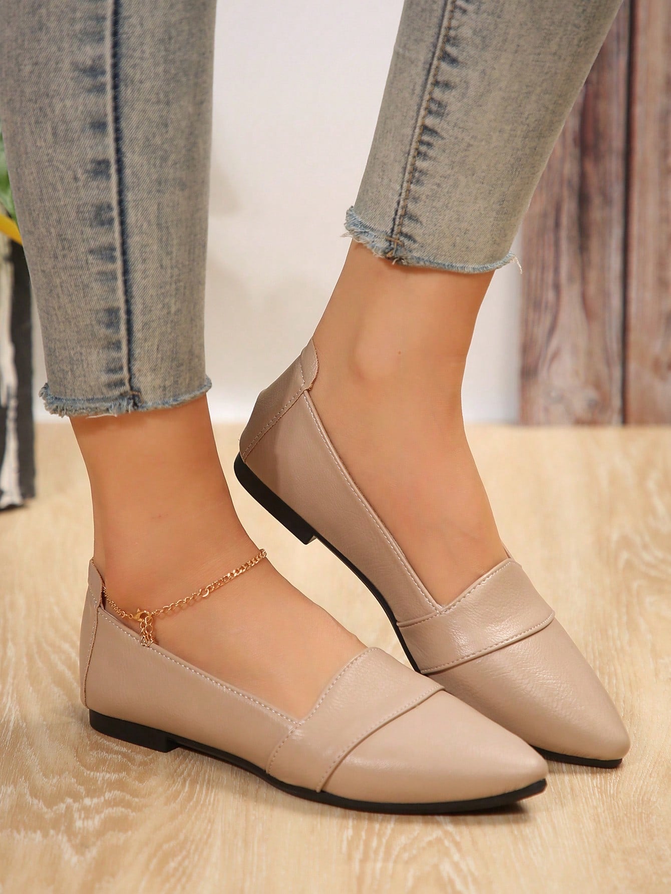 Women Beige Flats, Elegant Point Toe Slip On Flats For Outdoor