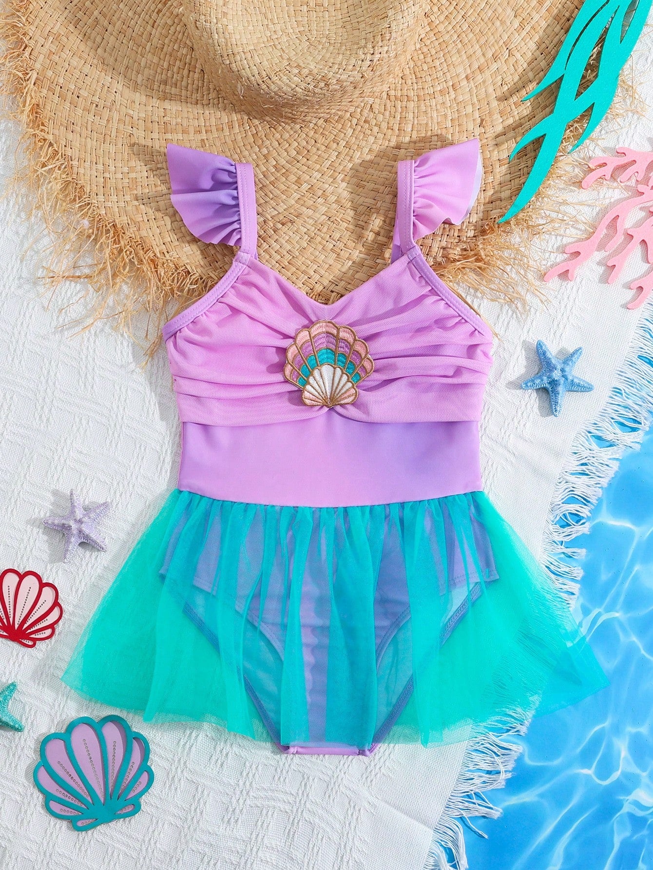 Young Girl's Ombre Shell Decoration Mesh Splice One-Piece Swimsuit, Bathing Suit Beach Outfit Summer Vacation