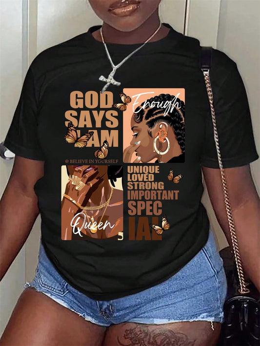 Plus Size Portrait & Slogan Printed Round Neck Short Sleeve T-Shirt, GOD SAYS I AM UNIQUE LOVED STRONG IMPORTANT SPEC BELIEVE IN YOURSELF