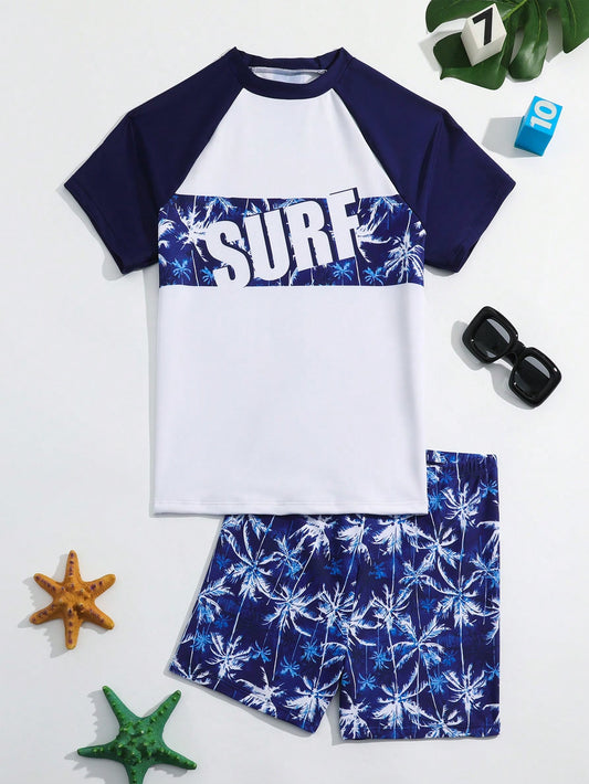 Teen Boy's Color Blocking Raglan Short Sleeve Top With Letter And Coconut Tree Print, Trunks Swimming Suit Set