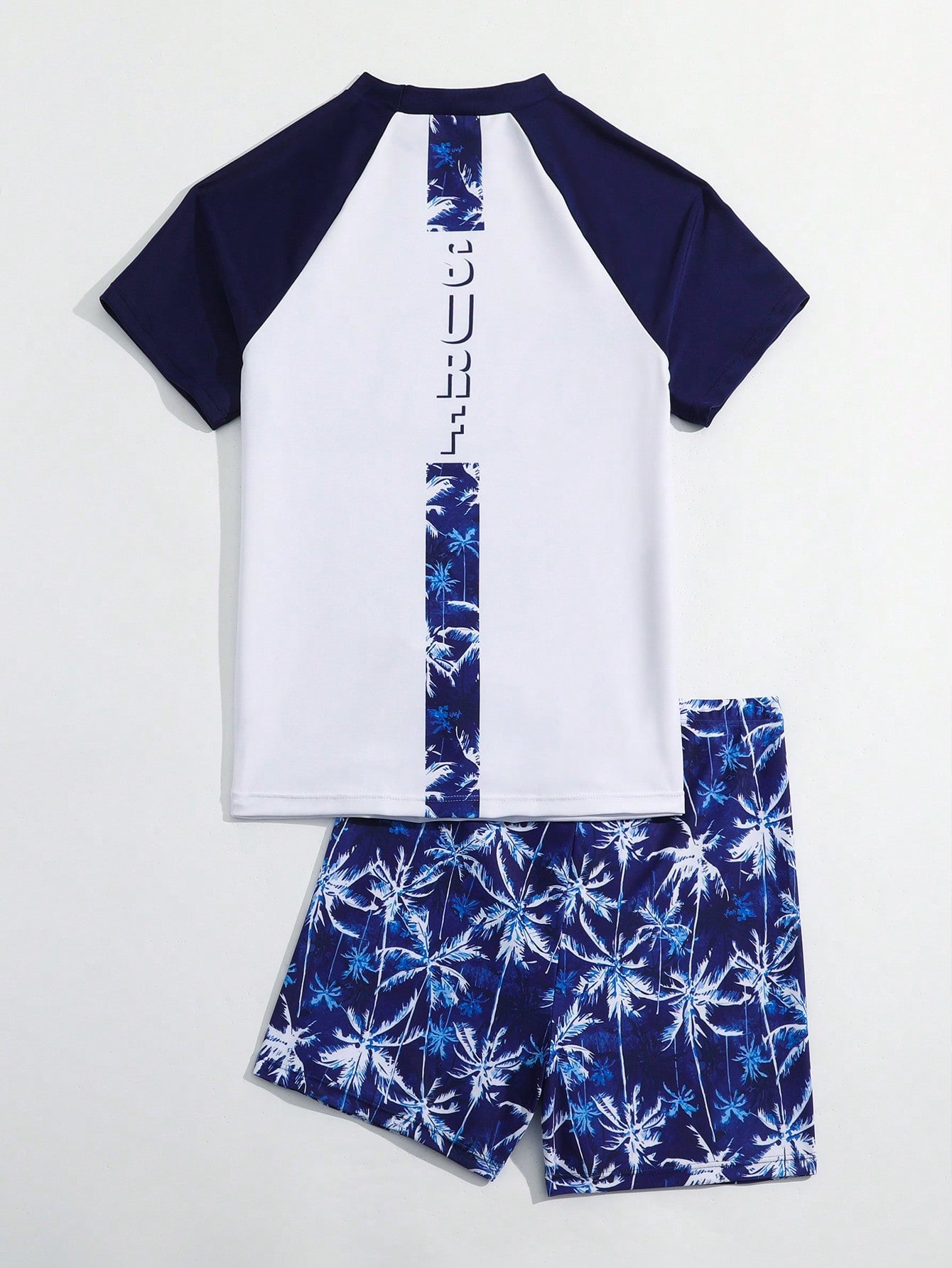 Teen Boy's Color Blocking Raglan Short Sleeve Top With Letter And Coconut Tree Print, Trunks Swimming Suit Set