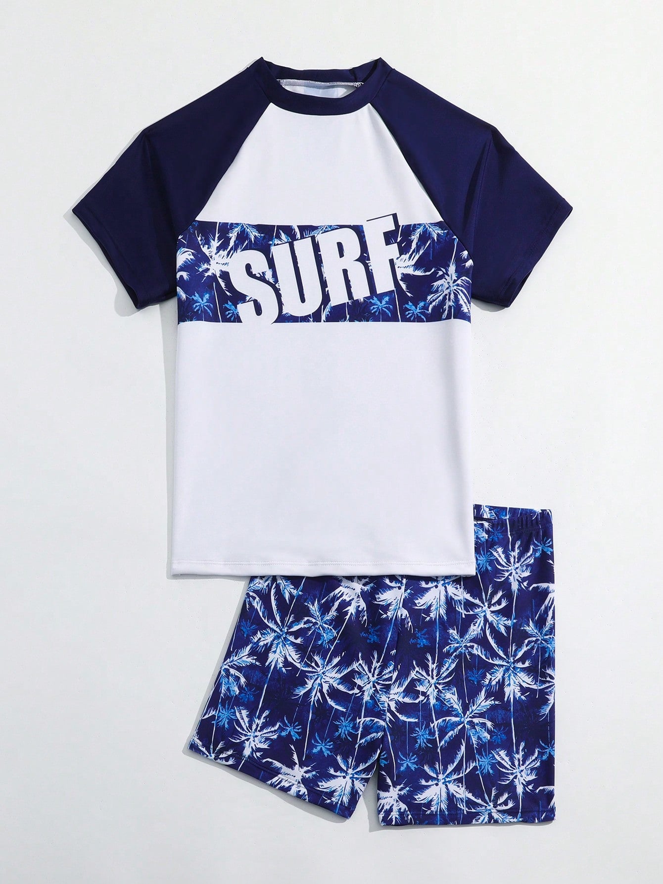 Teen Boy's Color Blocking Raglan Short Sleeve Top With Letter And Coconut Tree Print, Trunks Swimming Suit Set