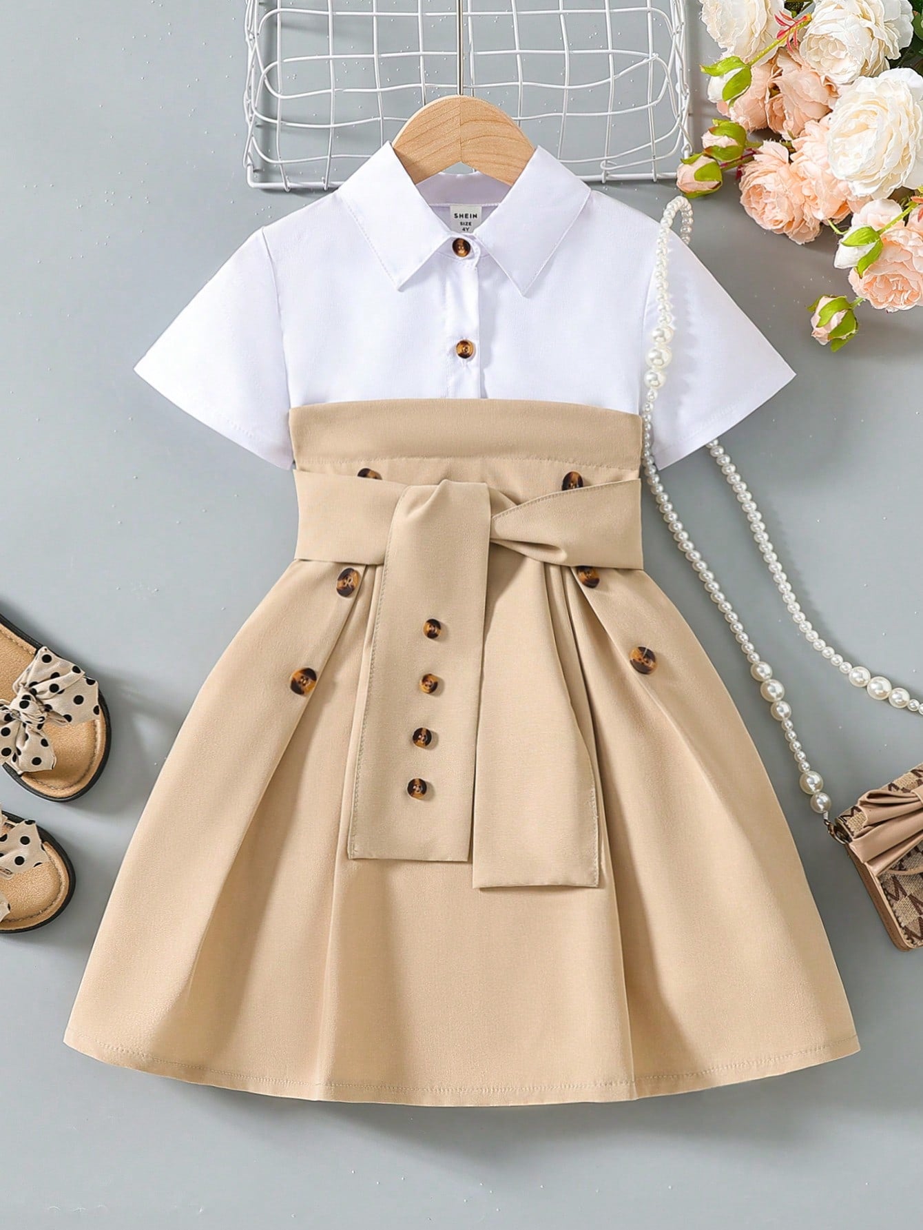 Young Girls' Elegant Shirt Collar Dress With Waist Belt And Design Elements